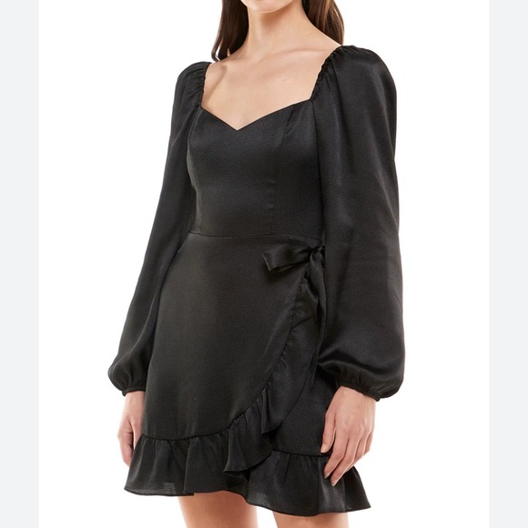 Wayf Dresses & Skirts - NWT Wayf Black Satin Dress From Nordstrom. Size Large. Ruffle Hem & Puff Sleeves